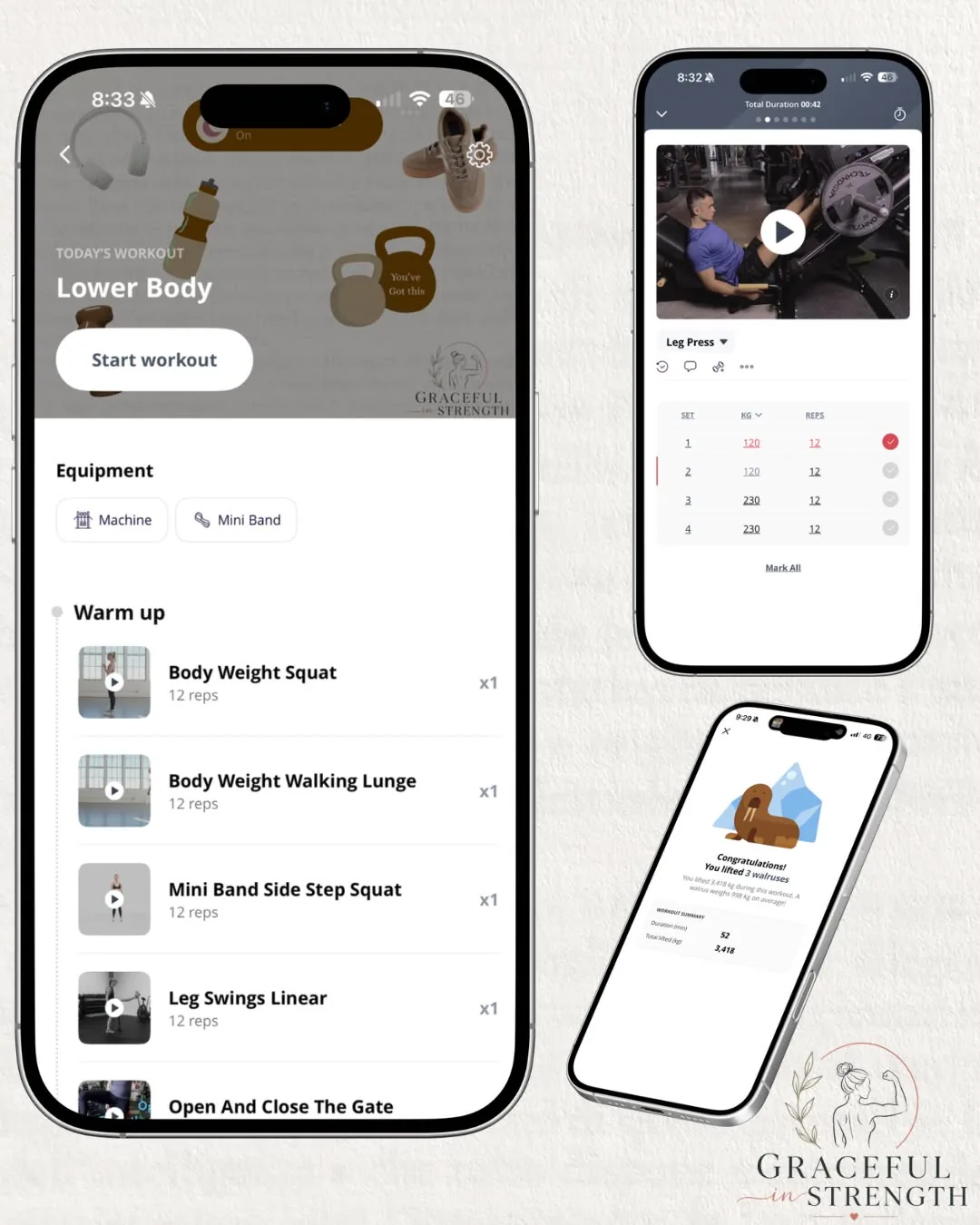Graceful in Strength coaching app showing a Lower Body workout with exercise videos, sets and reps