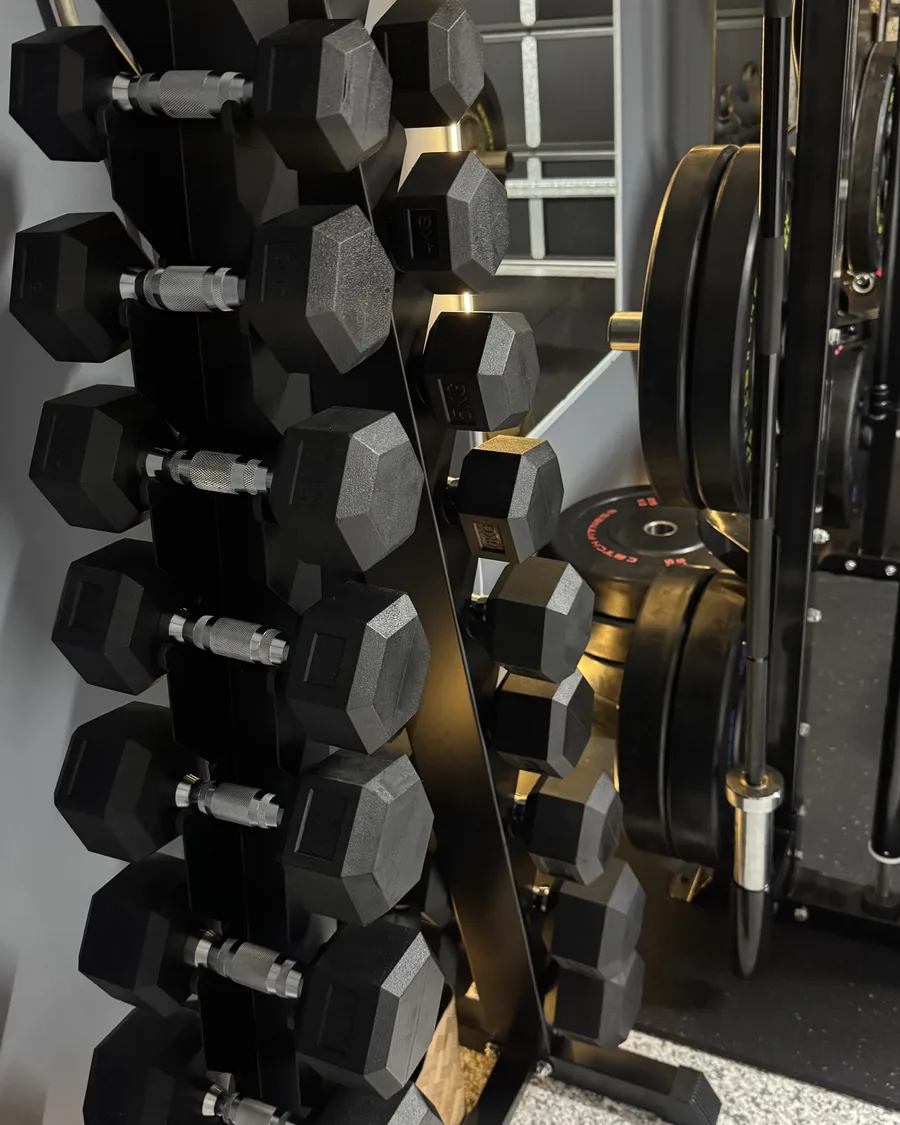 Dumbbell rack and strength equipment in the private personal training studio in Collingwood Park