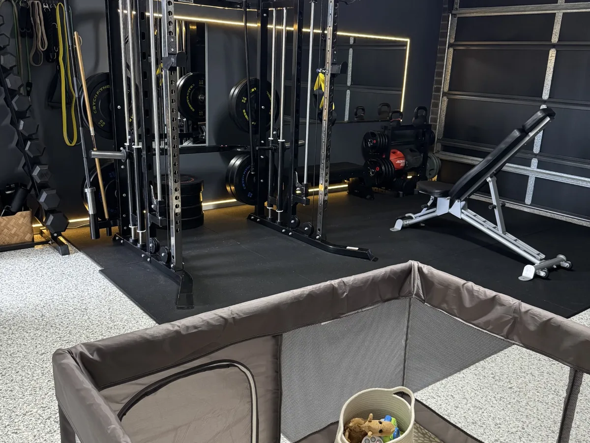 The Collingwood Park studio, with a safe playpen area set up beside the training space